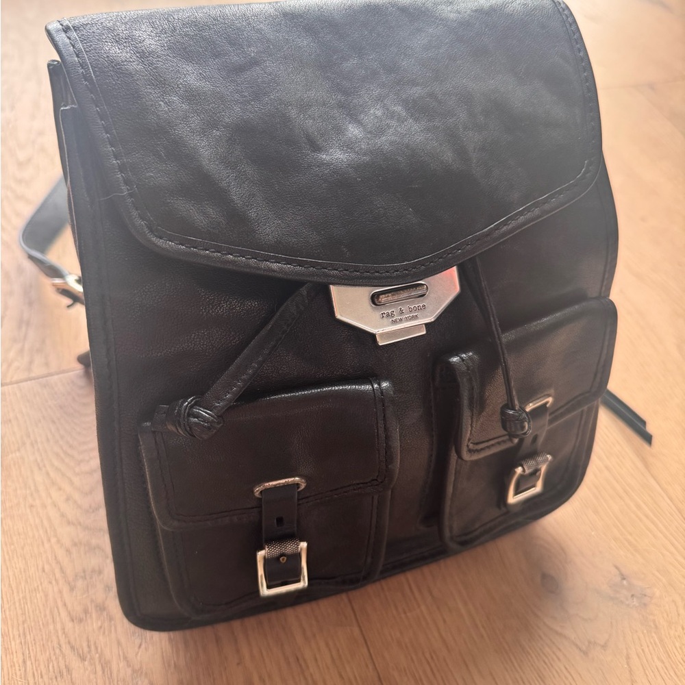rag & bone Black Leather Backpack with Front Pockets